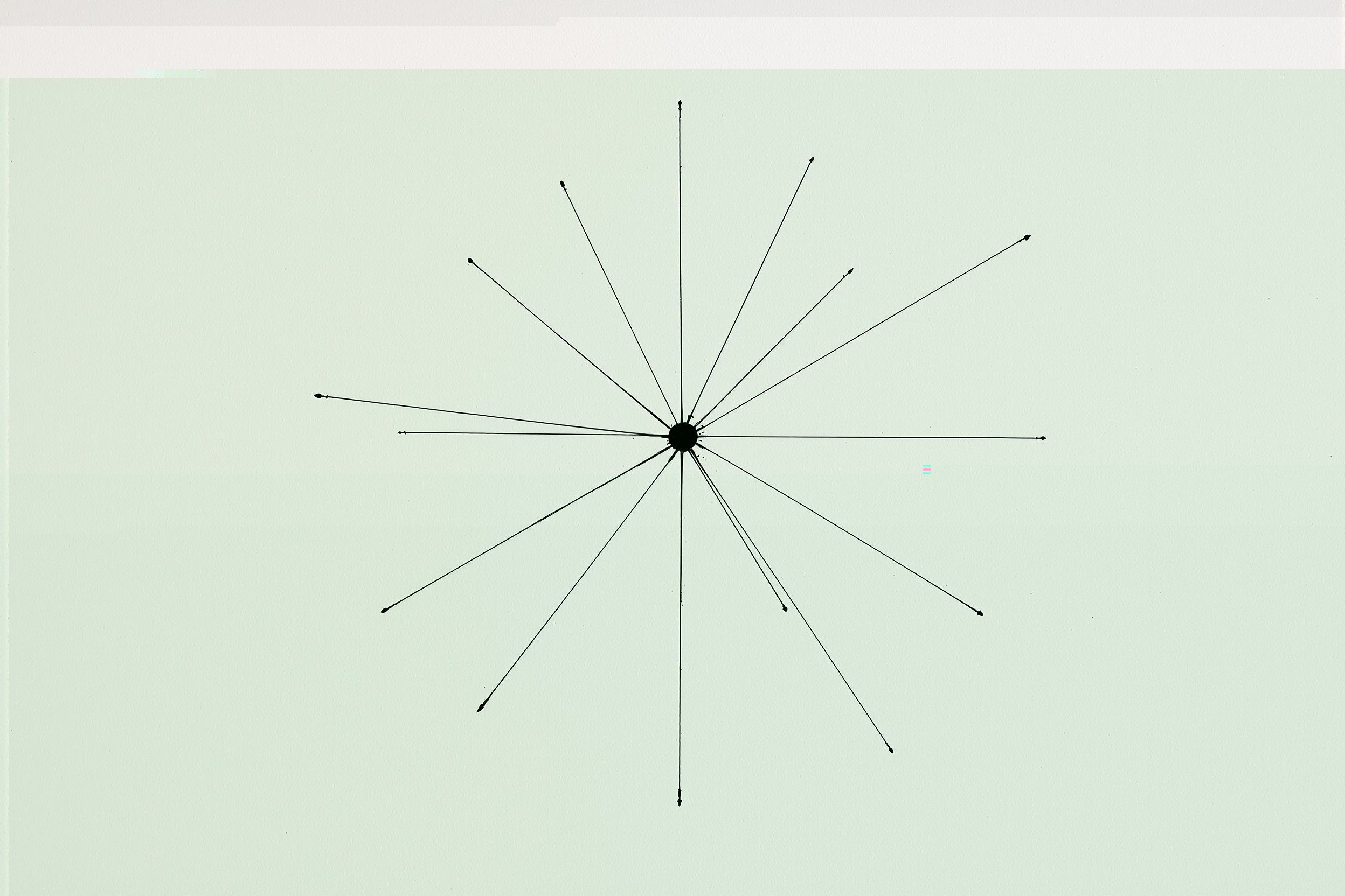 Black ink drawing of a central dot radiating sixteen thin arrowed lines outward like a star compass on cream paper.