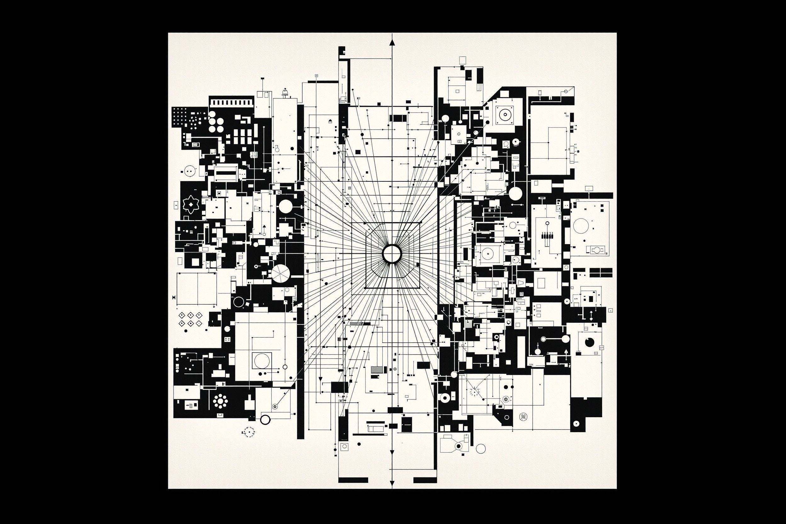 Black and white architectural blueprint of a dense symmetrical city plan, like a cross-section of an imagined system.